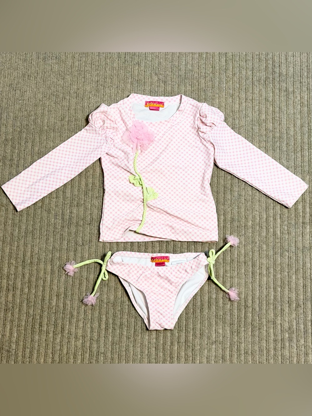 Kate Mack - Girl’s Pink Gingham Flower Rash Guard 2-Piece Swimsuit, Size - 2T